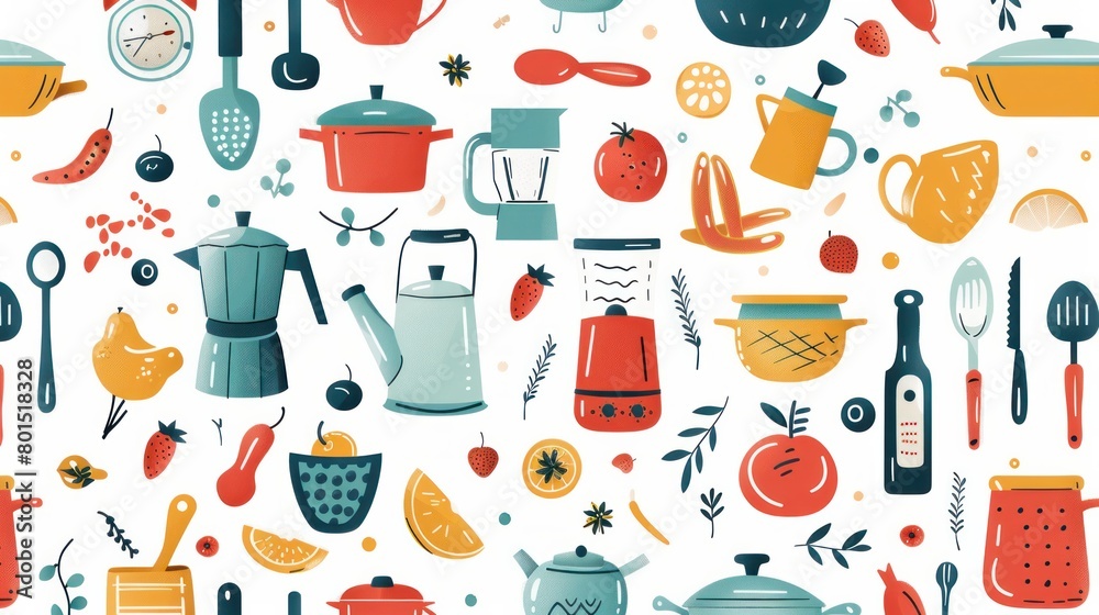 A charming seamless pattern featuring colorful kitchen items, designed as a vector illustration A charming seamless pattern featuring colorful kitchen items, designed as a vector illustration