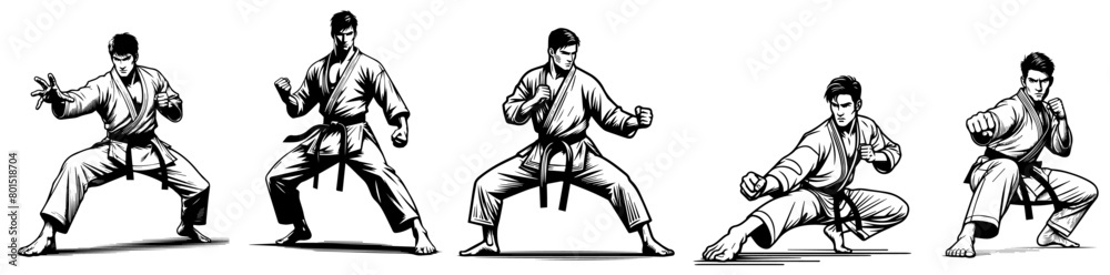 karate fighter, different body positions during fighting, vector illustration on a white background, silhouette laser cutting