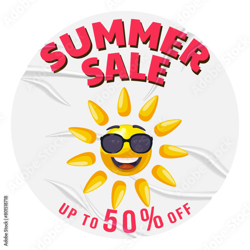 Summer Sale glued paper Sun cartoon in sunglasses, with wrinkles