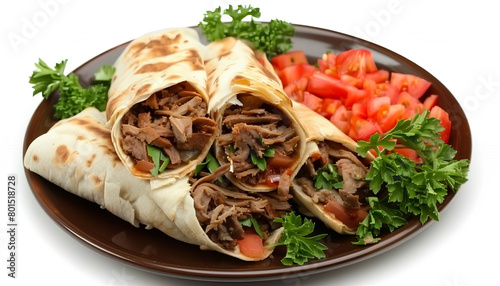 Plate with tasty shawarma and parsley on white background