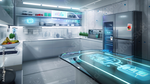 A futuristic kitchen with holographic countertops, touch-sensitive faucets, and robotic sous chefs. photo