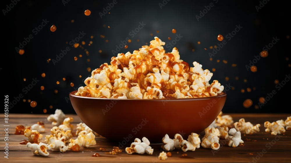 Popcorn falling into bowl on wooden table and black background with copy space Popcorn falling into bowl on wooden table and black background with copy space