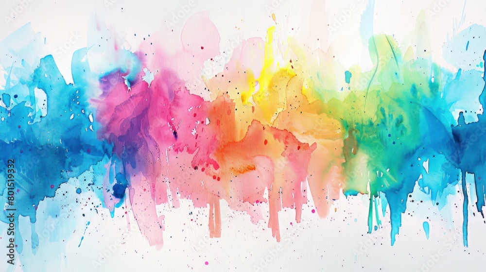 Fototapeta premium This vibrant artwork showcases an abstract hand-drawn watercolor composition with colorful splashes spread across the paper