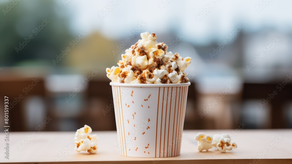 Popcorn in a paper cup on a wooden table in a cafe Popcorn in a paper cup on a wooden table in a cafe