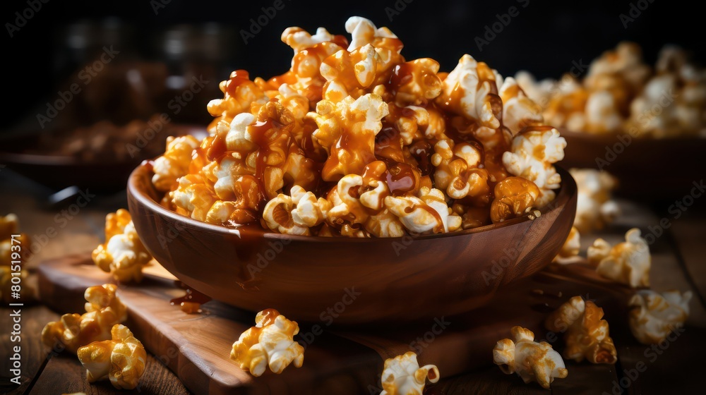 Popcorn with caramel in a bowl on a wooden background. Selective focus. Popcorn with caramel in a bowl on a wooden background. Selective focus.