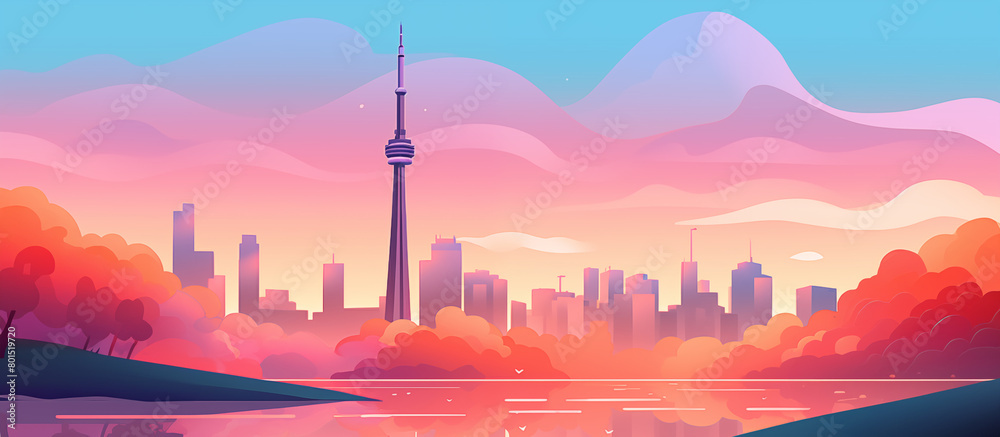 Obraz premium Toronto city skyline during a vibrant sunset. Beautiful Panorama view. Flat modern illustration style.