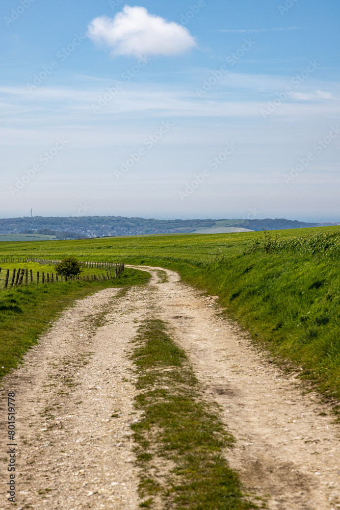 Looking along a dirt track through Sussex farmland, on a sunny spring day