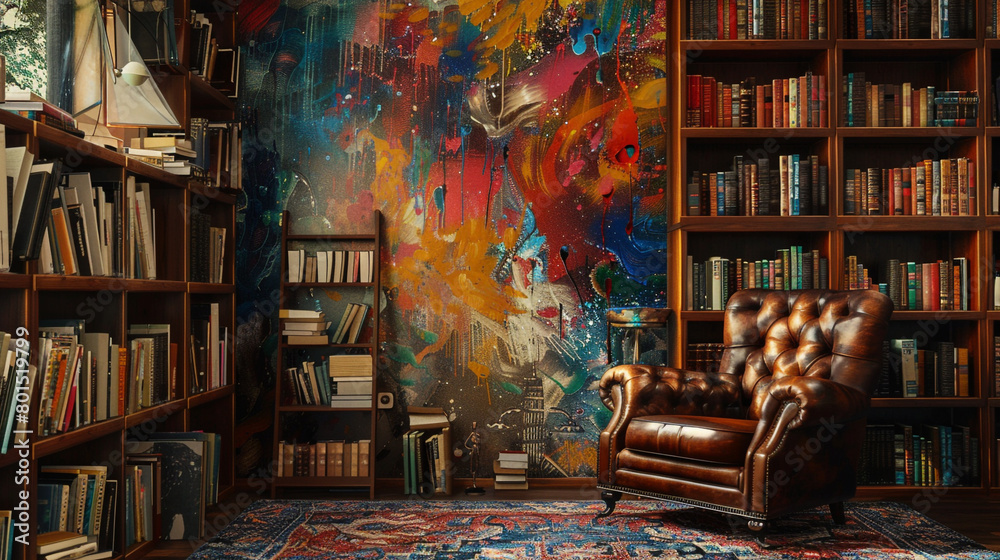 A home library with floor-to-ceiling bookshelves, a leather armchair, and a vibrant abstract mural.