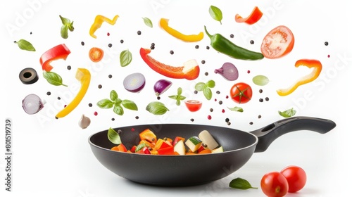Capture the dynamic and playful essence of cooking with this image of vegetables flying out of a pan