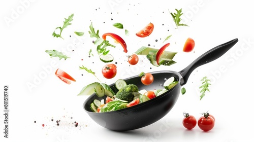 Capture the dynamic and playful essence of cooking with this image of vegetables flying out of a pan