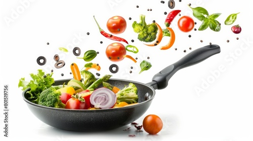 Capture the dynamic and playful essence of cooking with this image of vegetables flying out of a pan