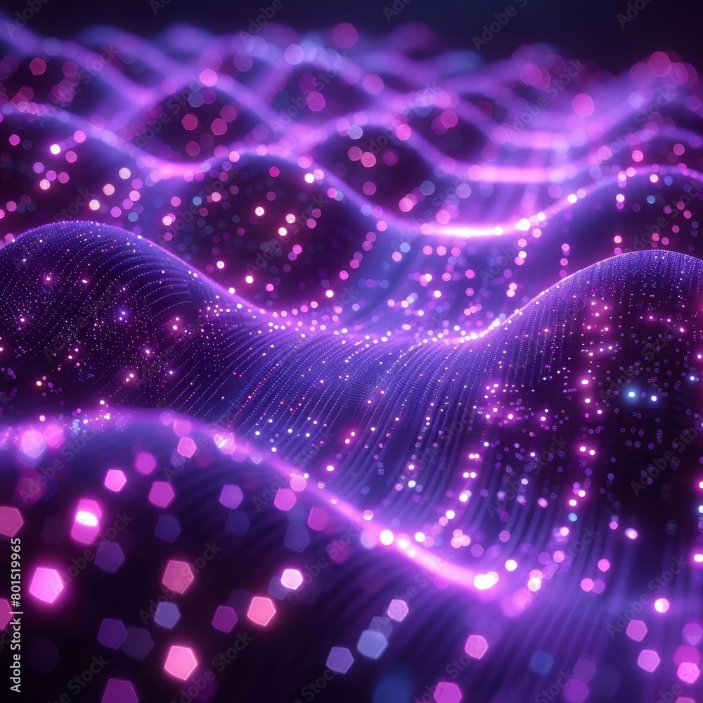 An abstract landscape of glowing purple waves. The waves are made of tiny particles that seem to be flowing and swirling. The image is very calming and peaceful.