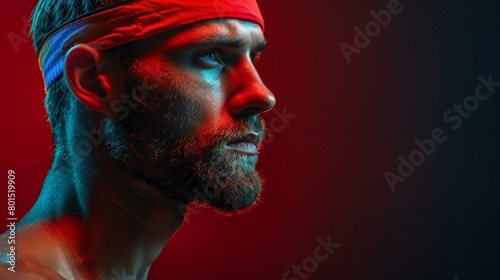 Intense male athlete in red headband highlighting determination  competition spirit  with vibrant red and blue lighting  ready for Olympic challenge. Copy space.