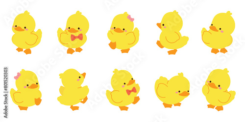 Cute Animal Duck characters set. Hand drawn farm animal cartoon design of yellow duck, duckling, chick in different pose. Adorable baby duck illustration for sticker, clipart, education.