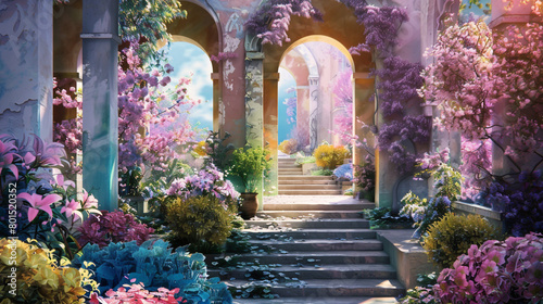 Fototapeta Naklejka Na Ścianę i Meble -  A beautiful fantasy garden with arches, steps and flowers in pink, purple, blue, yellow and green.