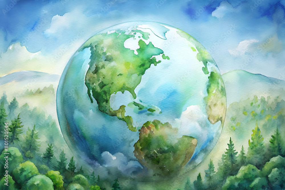 Artistic Rendering of Globe Dominated by Lush Green Forests Against Clear Blue Sky Artistic Rendering of Globe Dominated by Lush Green Forests Against Clear Blue Sky