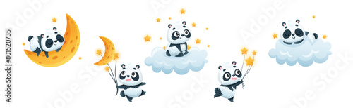 Cute Baby Panda Character Engaged in Different Activity Vector Set