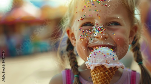 The little girl has sprinkles on her nose and a big smile as she holds an ice cream cone. She looks happy and full of joy at the event, enjoying her sorbetes or gelato AIG50