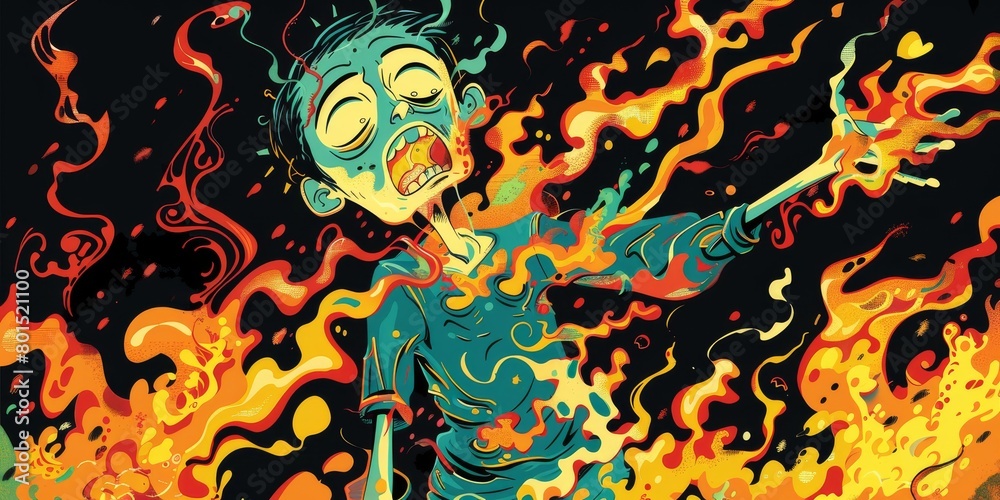 Cartoon of a boy exhaling in a fire