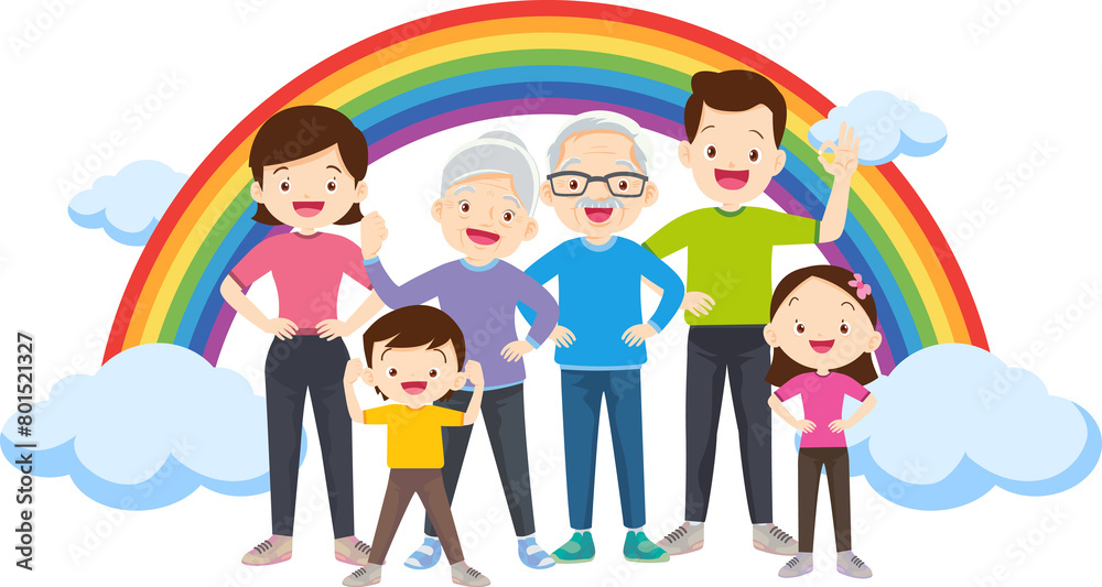 Happy big family standing with house ,rainbow Happy big family standing with house ,rainbow