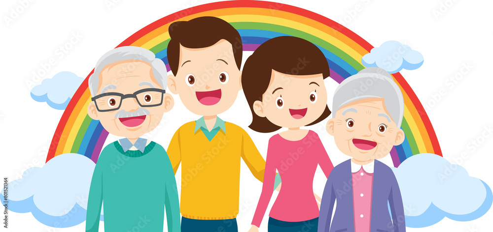 Fototapeta premium Happy big family standing with house ,rainbow