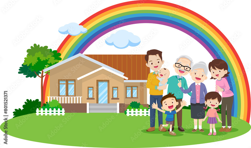 Happy big family standing with house ,rainbow Happy big family standing with house ,rainbow