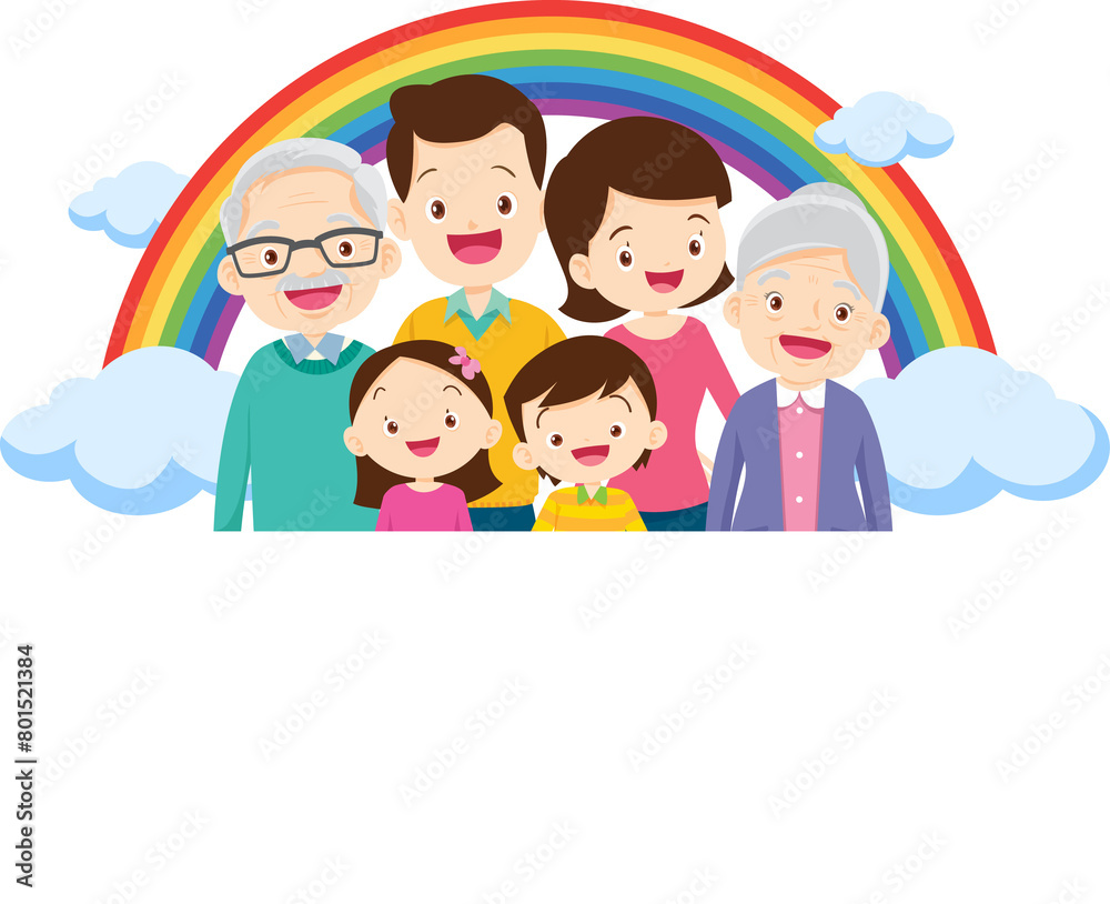 Happy big family standing with house ,rainbow Happy big family standing with house ,rainbow