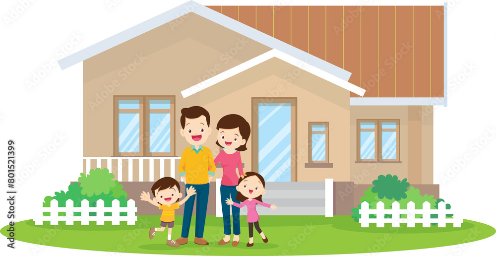Happy big family standing with house ,rainbow Happy big family standing with house ,rainbow
