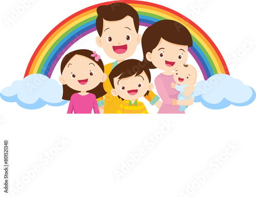Happy big family standing with house ,rainbow
