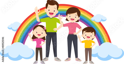 Happy big family standing with house ,rainbow