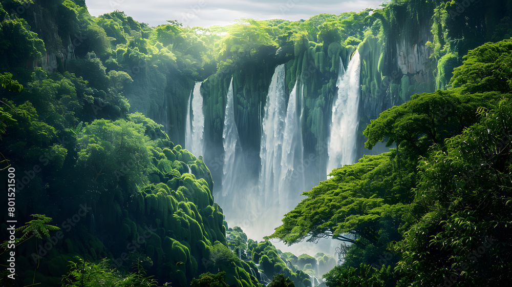 Majestic Waterfall Surrounded by Lush Green Trees Majestic Waterfall Surrounded by Lush Green Trees