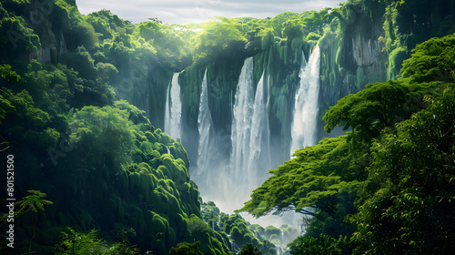 Majestic Waterfall Surrounded by Lush Green Trees