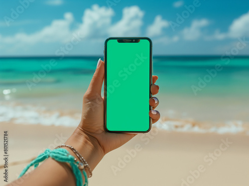 Mockup of an iPhone with a green screen, hand holding the iPhone, on a beach