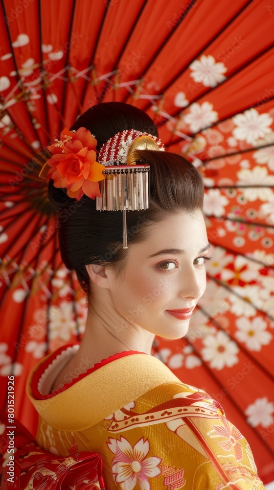Portrait of an Asian woman wearing a traditional Japanese kimono. and cherry blossoms, atmosphere of Japanese culture 