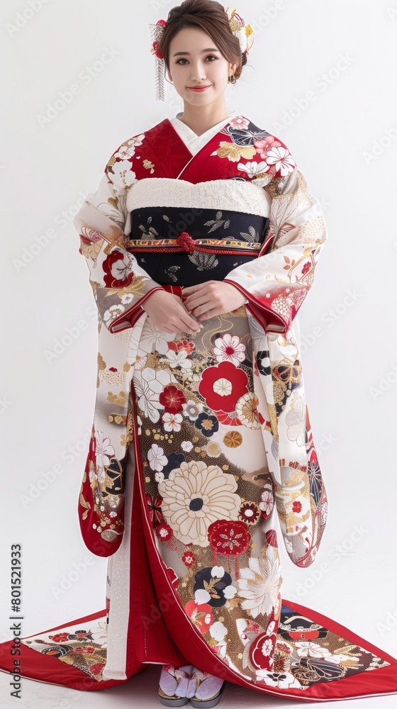 Portrait of an Asian woman wearing a traditional Japanese kimono. and cherry blossoms, atmosphere of Japanese culture posing in a studio with a white background Portrait of an Asian woman wearing a traditional Japanese kimono. and cherry blossoms, atmosphere of Japanese culture posing in a studio with a white background