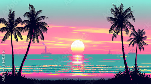 A miami vice theme banner with soft neon pink, teal and black gradient colors, in the style of 80s