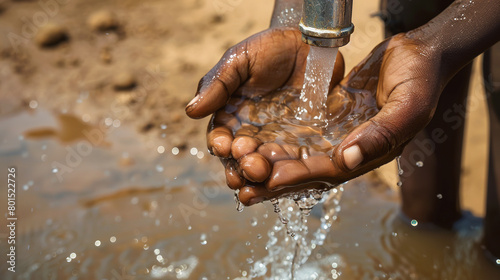 African children s hands He placed his hand on the water from the faucet