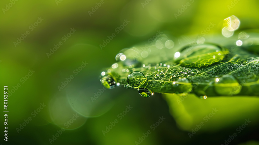 Closeup of water droplets on the edge of a green leaf Closeup of water droplets on the edge of a green leaf