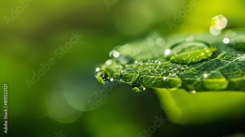 Closeup of water droplets on the edge of a green leaf