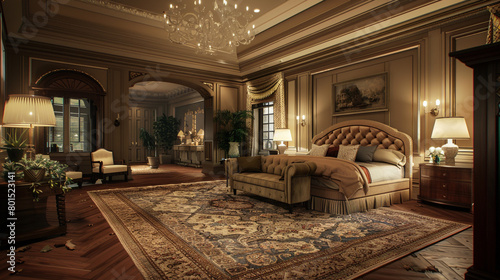 A luxurious master bedroom with a tufted headboard, plush area rug, and a sitting area.