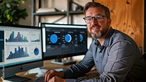 Smiling caucasian businessman working on a computer displaying financial charts and data.
 photo