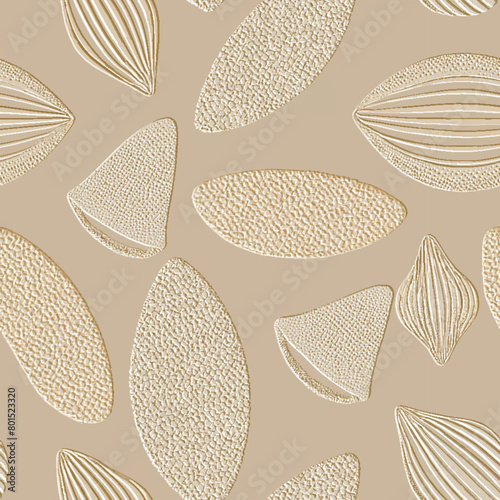 3d emboss grunge textured dotted abstract shells seamless pattern. Beach sand color vector ornamental modern background with surface relief seashells. Beautiful repeat relief 3d summer ornaments