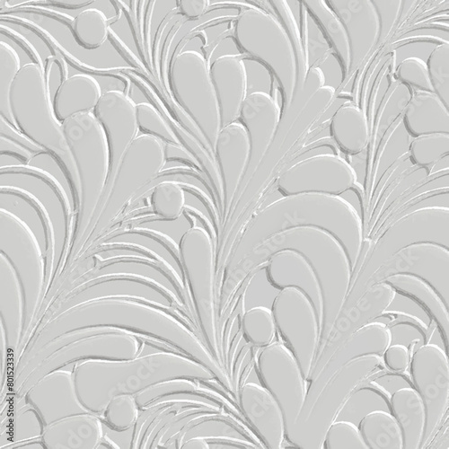 Floral vintage Baroque art nouveau style white 3d seamless pattern. Vector embossed grunge background. Repeat emboss backdrop. Surface relief 3d flowers ornament. Textured design. embossing effect