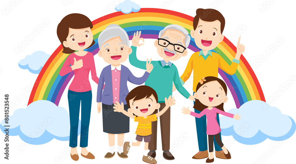 Happy big family standing with house ,rainbow Happy big family standing with house ,rainbow