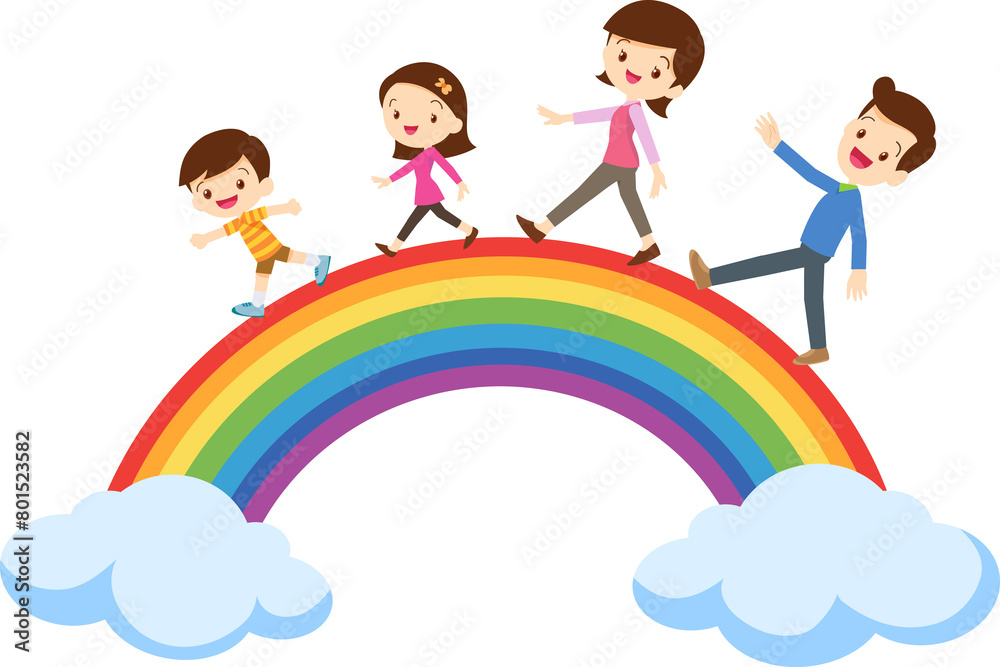Happy big family standing with house ,rainbow Happy big family standing with house ,rainbow