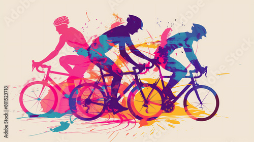 Male cyclists road racer, ebike riders or mountain bikers shown in a colourful contemporary athletic abstract design for a poster or flyer, stock illustration image © Tony Baggett