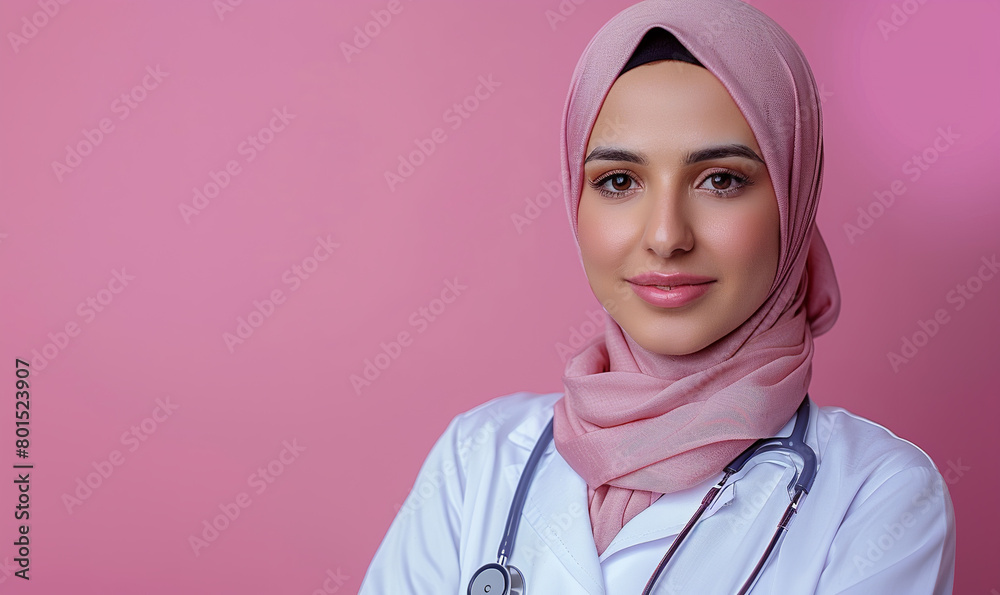 Professional woman doctor in muslim national hijab on pink background Professional woman doctor in muslim national hijab on pink background