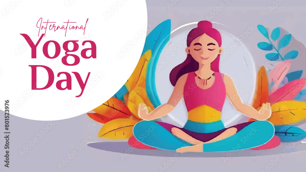 Yoga and Meditation horizontal web banner and social media banner template with yoga girl colourful illustration tree plants background