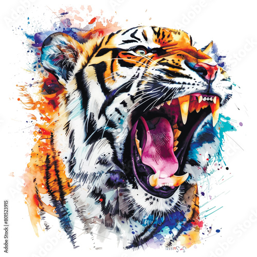 Roaring tiger painting colorful watercolor vector pattern background illustration. Isolated graffiti style modern beautiful design on white background. For prints  decor  fabric  logo