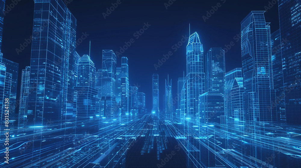 buildings of city glowing on a semi-transparent background